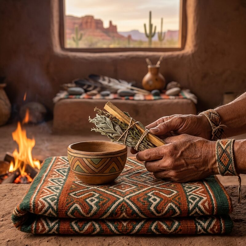 Sacred herbs and clay vessel on a Shipibo textile with Kené patterns