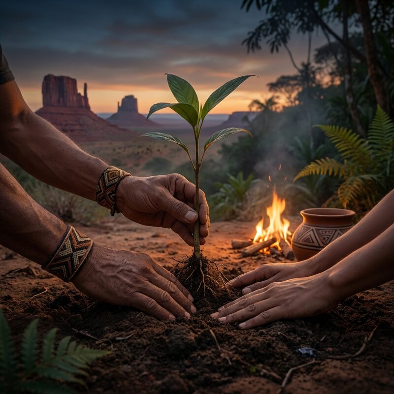 Hands planting a young seedling in rich dark soil