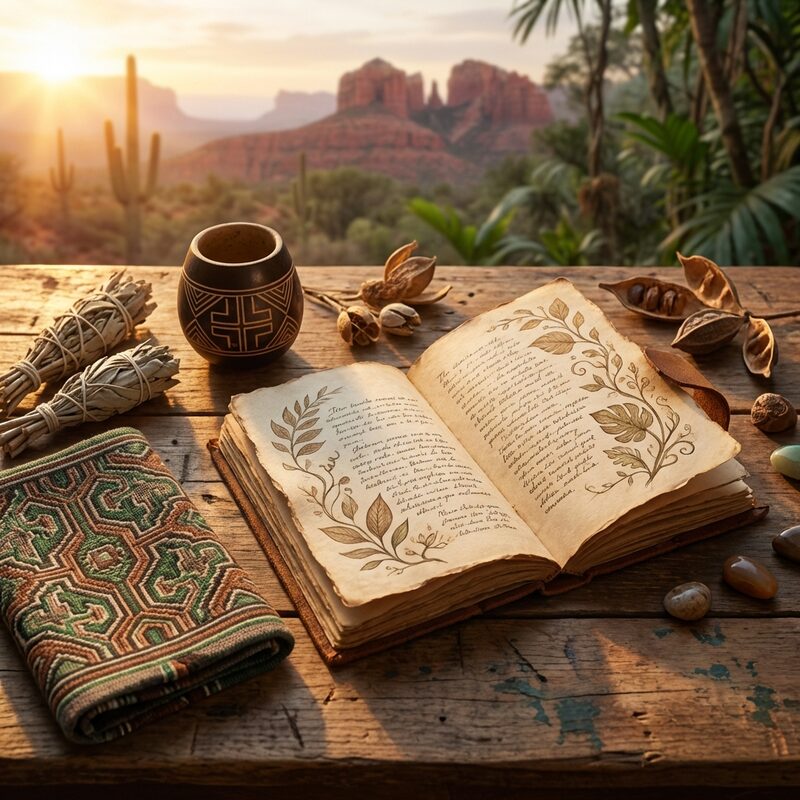 Handmade journal with botanical illustrations on a wooden table