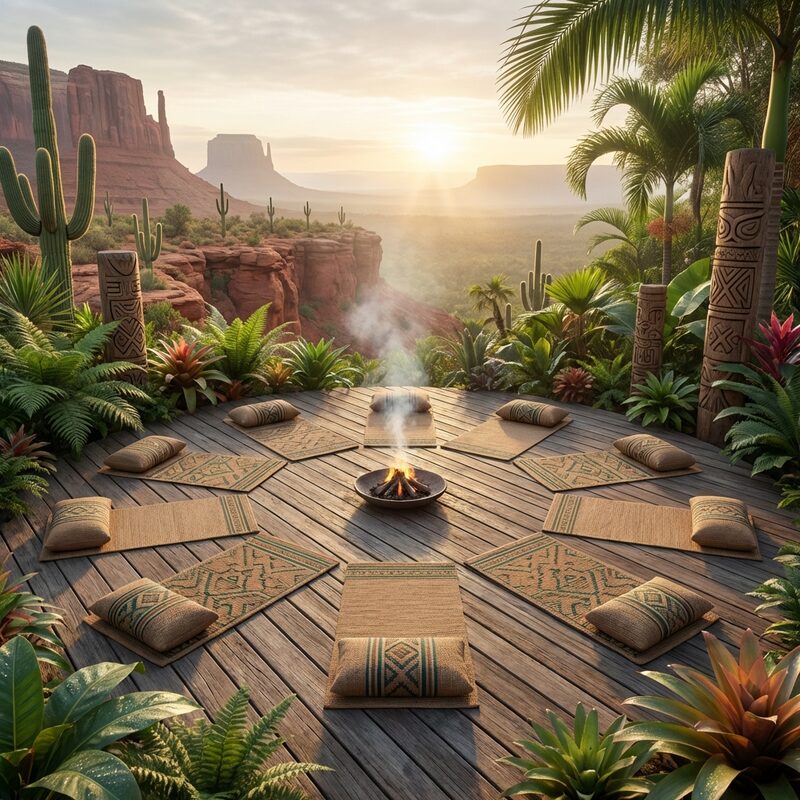 Yoga mats arranged in a circle on a wooden deck at dawn