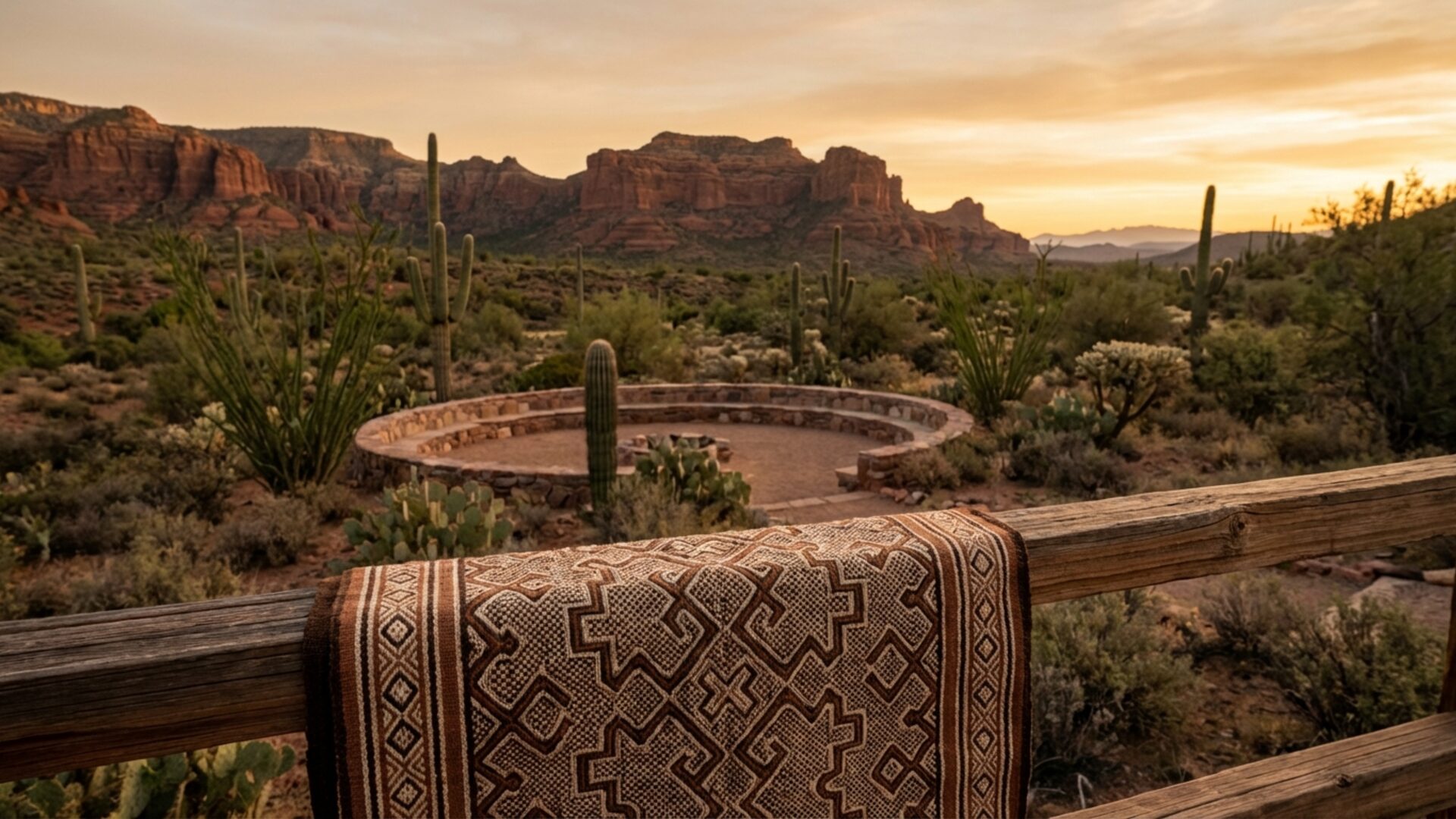 A misty tropical valley at dawn with Shipibo Kené textiles and a sacred gathering space
